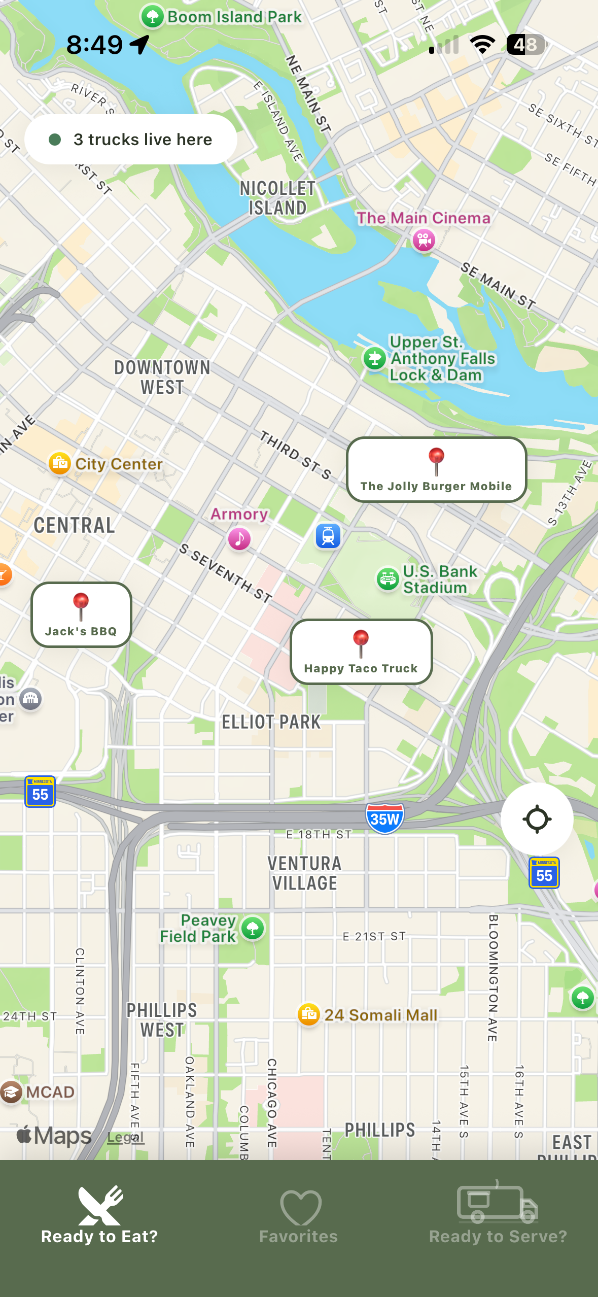Live map showing nearby food trucks
