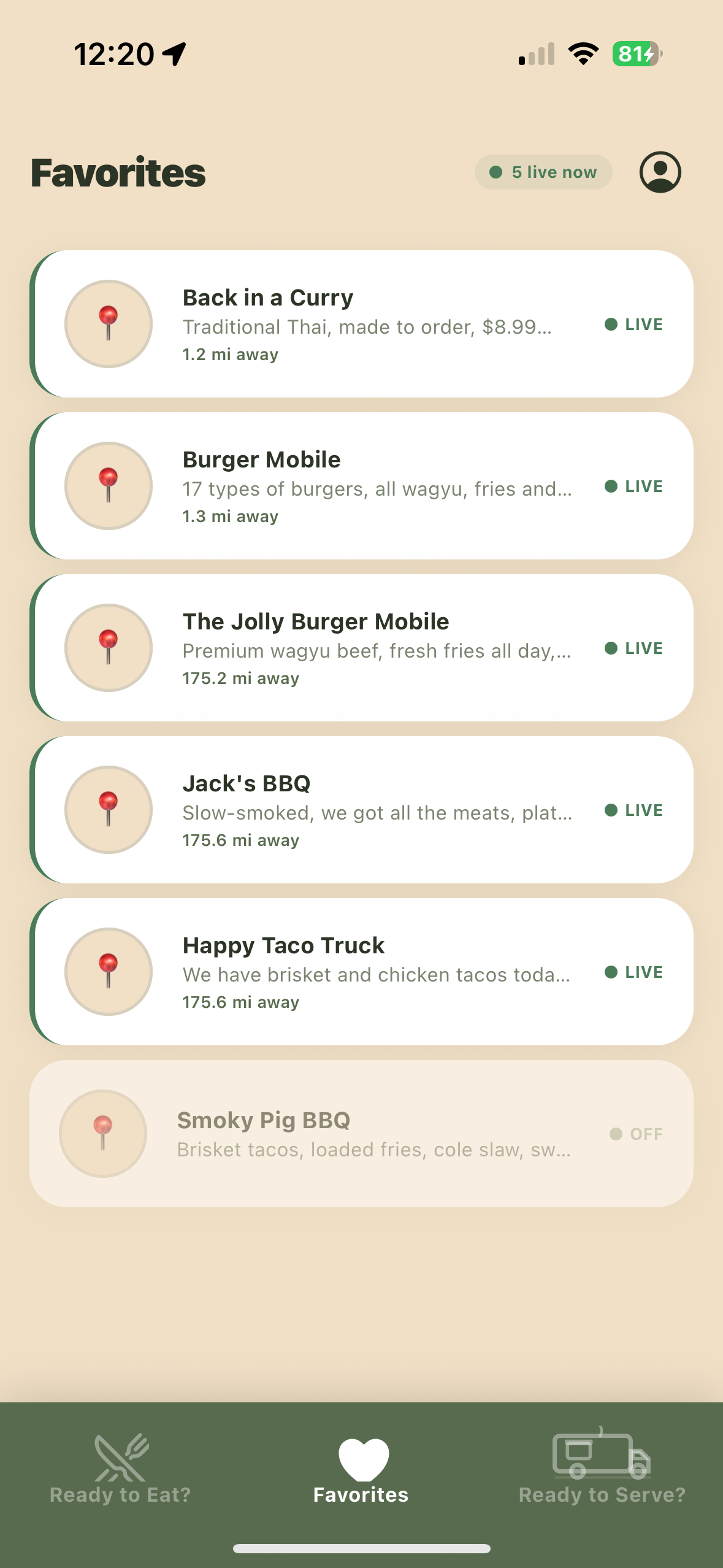 Favorites screen with live trucks