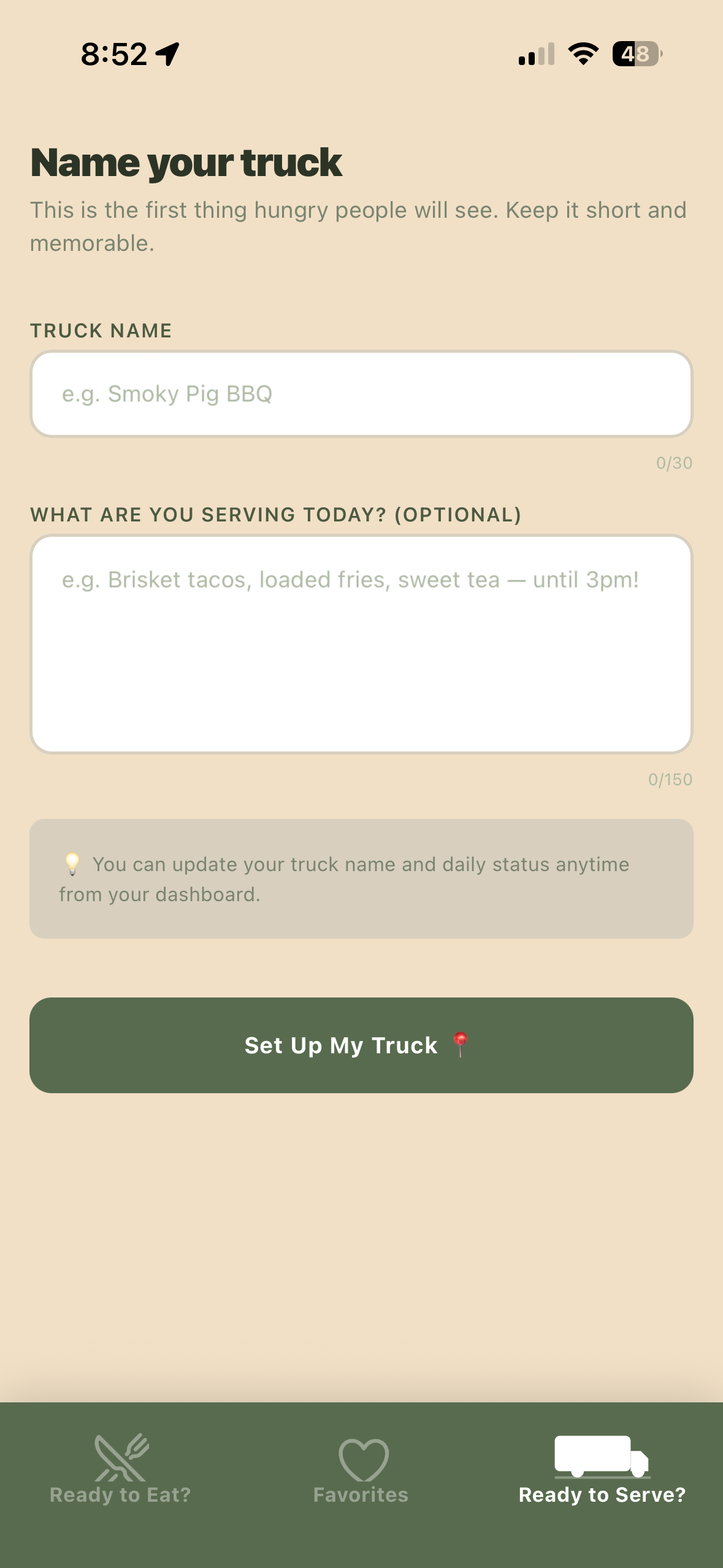 Truck setup screen